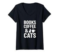 Donna Libri caffè & Gatti Divertente Accogliente Cat Reader Citazione Maglietta con Collo a V