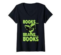 Donna Libri Cervelli Zombie Bibliotecario Bookworm Halloween Maglietta con Collo a V