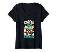 Donna Libri di caffè e Oxford Commas Grammatica Amante Umorismo Maglietta con Collo a V