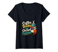 Donna Libri di caffè e Oxford Commas Grammatica Lettura Nerd Maglietta con Collo a V