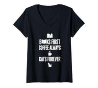 Donna Libri First Coffee Always Cats Forever Funny Graphic Maglietta con Collo a V