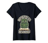 Donna Libri Fuel My Mind Owl Green Leaves Graphic Maglietta con Collo a V