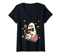 Donna Libri Ghost Reading Book Halloween Biblioteca Cat Autunno Autunno Maglietta con Collo a V