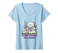 Donna Libri Oltre La Tomba Camicia Fantasma Lettura Fiori Halloween Maglietta con Collo a V
