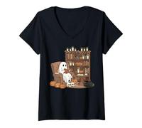 Donna Libro Amante Fantasma Accogliente Biblioteca Lettura Gatto Nero Halloween Maglietta con Collo a V