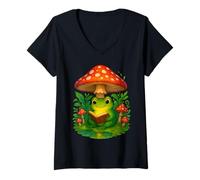 Donna Libro da Leggere Cottagecore Frog Under Mushroom Fairycore Art Maglietta con Collo a V