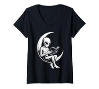 Donna Libro di Lettura Alieno Crescent Moon Space Funny Bookworm Maglietta con Collo a V