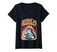 Donna Libro di lettura divertente del gatto Investi in te stesso Gatti Maglietta con Collo a V