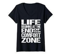 Donna Life Begins At The End of Your Comfort Zone - Motivation Maglietta con Collo a V