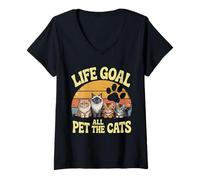Donna Life Goal Pet All The Cats Cute Funny Cat Lovers Retro Maglietta con Collo a V
