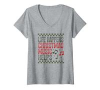 Donna Life Happens Christmas Music Aiuta Le Vacanze retrò a Scacchi Maglietta con Collo a V