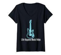 Donna Life Happens Music Helps Electric Guitar Outline Maglietta con Collo a V