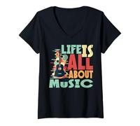 Donna Life Is all About The Music Design Retro Guitar Maglietta con Collo a V