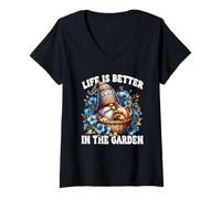 Donna Life Is Better In The Garden Gnome With Yorkshire Terrier Maglietta con Collo a V