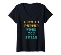 Donna Life is Better When You Smile Positivity Motivation Citazioni Maglietta con Collo a V