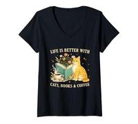 Donna Life is Better with Cats Books And Coffee Cat Lover Reading Maglietta con Collo a V