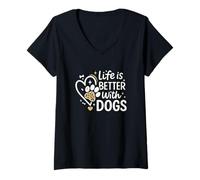 Donna Life Is Better with Dogs Cute Paw Heart Graphic Maglietta con Collo a V