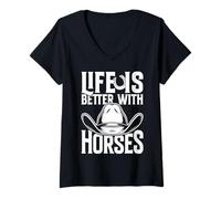 Donna Life is Better with Horses - Cavallo Sportivo Maglietta con Collo a V