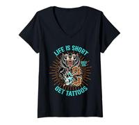 Donna Life is Short Get Tattoos, orso Maglietta con Collo a V