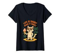Donna Life Is Short Make It Sweet Gatto Gelato Estate Maglietta con Collo a V