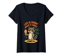 Donna Life Is Short Make It Sweet Raccoon Gelato Divertente Maglietta con Collo a V