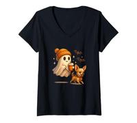 Donna Light Brown Chihuahua Halloween Ghost Walking Chihuahua Dog Maglietta con Collo a V