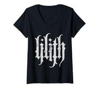 Donna Lilith Wicca Gothic Alt Estetica Occulto Dea Stregoneria Maglietta con Collo a V