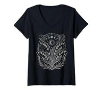 Donna Lily of The Valley Celeste Wildflower Witchy Moon Phase Maglietta con Collo a V