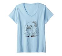 Donna Line Art Himalayan Cat Minimalist Maglietta con Collo a V