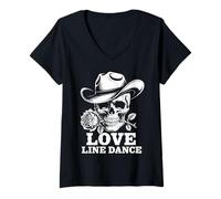 Donna Line Dance Forever Cowboy Skull Country Western Maglietta con Collo a V