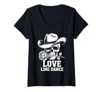 Donna Line Dance Forever Cowboy Skull Country Western Maglietta con Collo a V