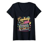 Donna L'insegnamento è la mia marmellata Groovy retrò insegnante torna a scuola Maglietta con Collo a V