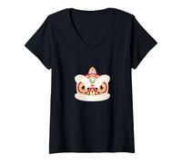 Donna Lion Dance Head - Felice Capodanno Cinese Maglietta con Collo a V