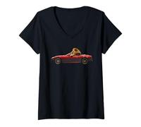 Donna Lion Driving Red Sports Car Cabrio Race Car Fast Car Maglietta con Collo a V