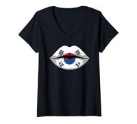 Donna Lips Korea Bandiera Coreana Corea Maglietta con Collo a V