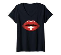 Donna Lips Switzerland Flag Swiss Roots Maglietta con Collo a V