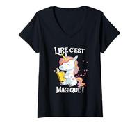 Donna Lire C EST Magique Licorne Lecture Enfants Francais Maglietta con Collo a V