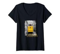 Donna Lisbona Portogallo Tram retrò Vintage Souvenir Vacanze Maglietta con Collo a V