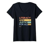 Donna Literacy And Justice for all Teacher Librarian Graphic Maglietta con Collo a V