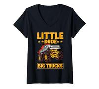 Donna Little Dude Big Trucks Monster Truck Maglietta con Collo a V