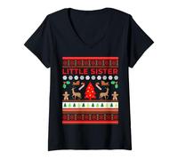 Donna Little Sister Ugly Christmas Sweater Sis Fun Christmas Sweaters Maglietta con Collo a V