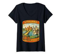 Donna Lituania Retro Comic Vintage Baltic Pop Art Maglietta con Collo a V