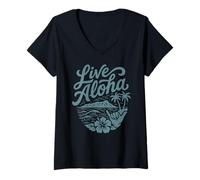 Donna Live Aloha Shaka Surf Wave Ibisco Hawaii Diamondhead Art Maglietta con Collo a V