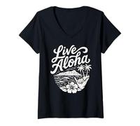 Donna Live Aloha Shaka Surf Wave Ibisco Hawaii Diamondhead Art Maglietta con Collo a V