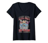 Donna Live Fast Eat Trash Monster Trio Vintage Distressed Cartoon Maglietta con Collo a V