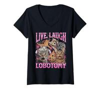 Donna Live Laugh Lobotomia Divertente Unhinged Cat Meme Bootleg Graphic Maglietta con Collo a V