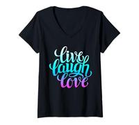 Donna Live Laugh Love Tee Shirts, Inspiration Cool Quotes Graphic Maglietta con Collo a V
