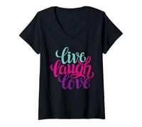 Donna Live Laugh Love Tee Shirts, Inspiration Cool Quotes Graphic Maglietta con Collo a V