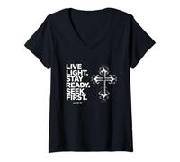 Donna Live Light Stay Ready Cerca il primo messaggio cristiano di Luca 12 Maglietta con Collo a V