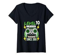 Donna Livello 10 Sbloccato Impressionante dal 2011 Video Game Birthday Boy Maglietta con Collo a V